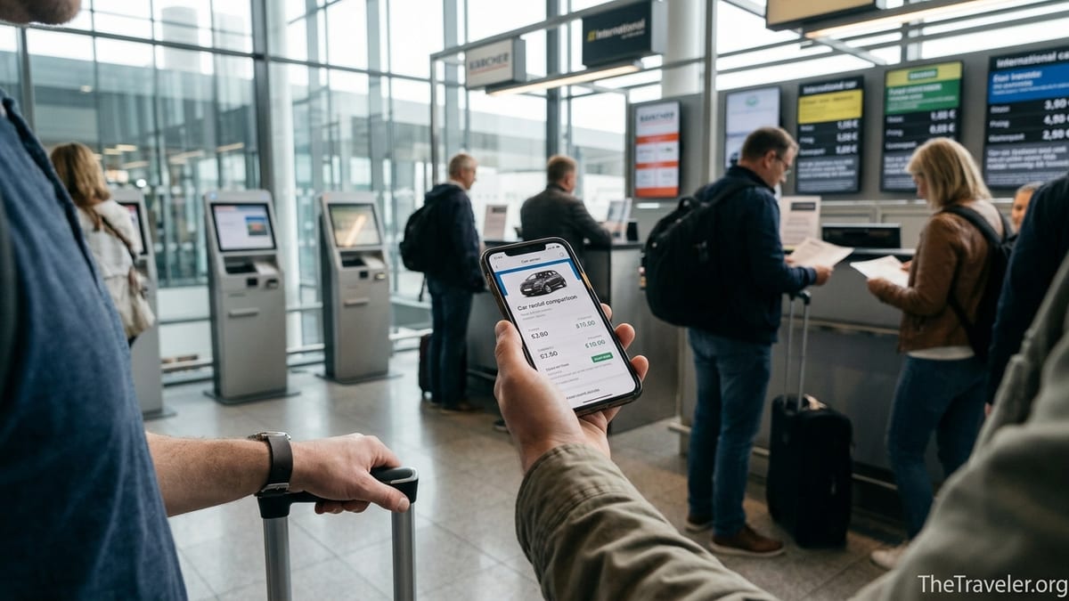 Traveler comparing car rental prices on a phone inside a busy airport rental hall.