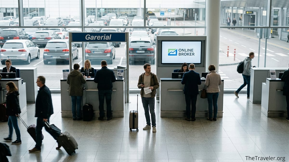 Traveler comparing car rental options between a broker and direct counter at an airport.