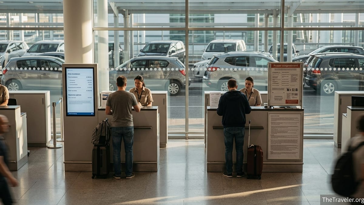 Travelers compare rental car offers at adjacent airport counters in soft afternoon light.