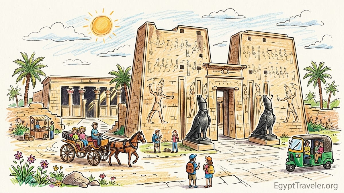 Early morning visitors walking toward the towering sandstone pylon of Edfu’s Temple of Horus in soft golden light.
