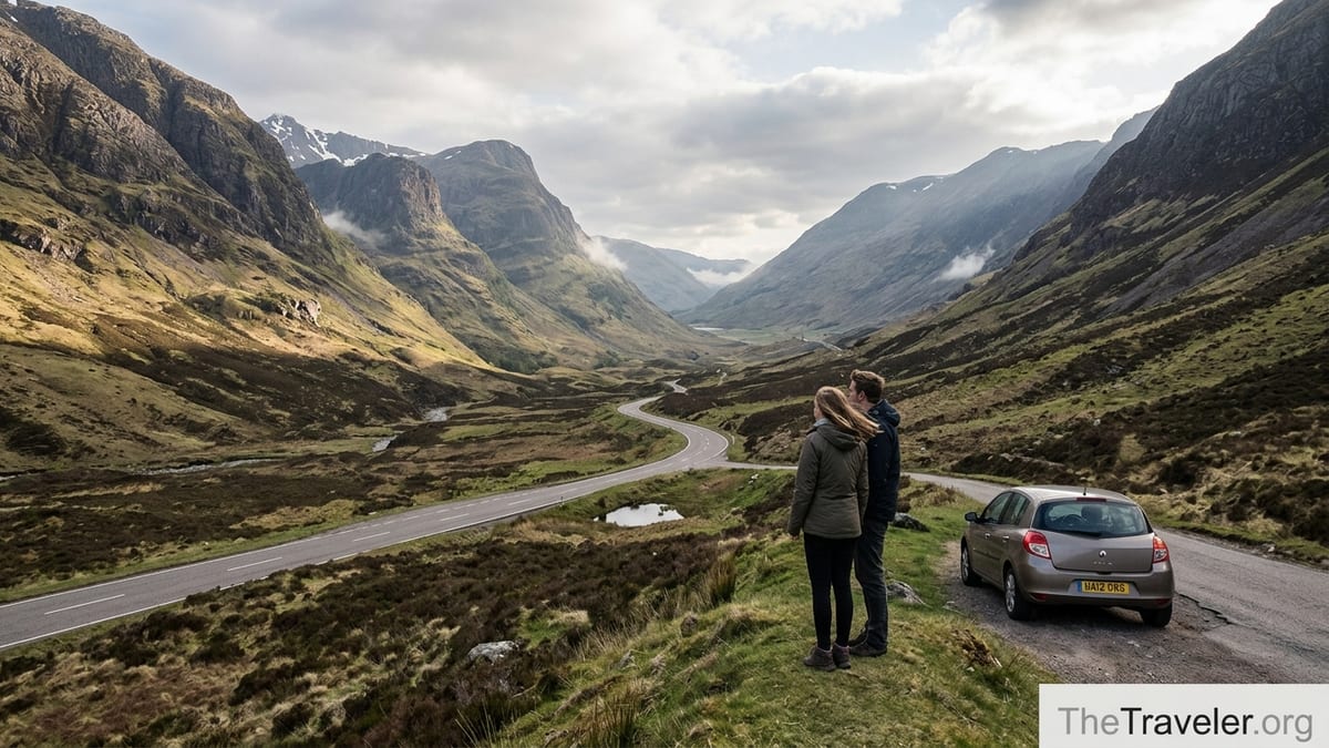 Couple with car overlooking Glencoe valley on a Highland road trip
