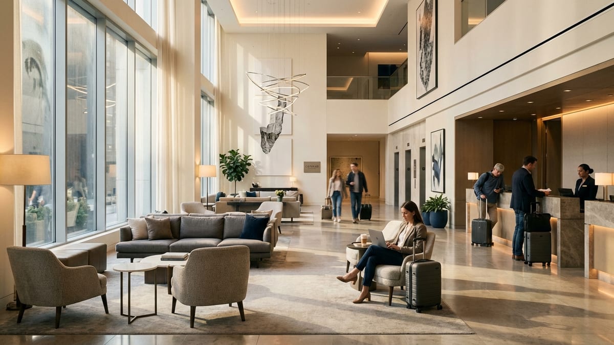 Editorial-style photograph capturing modern luxury in Conrad New York Downtown lobby. 