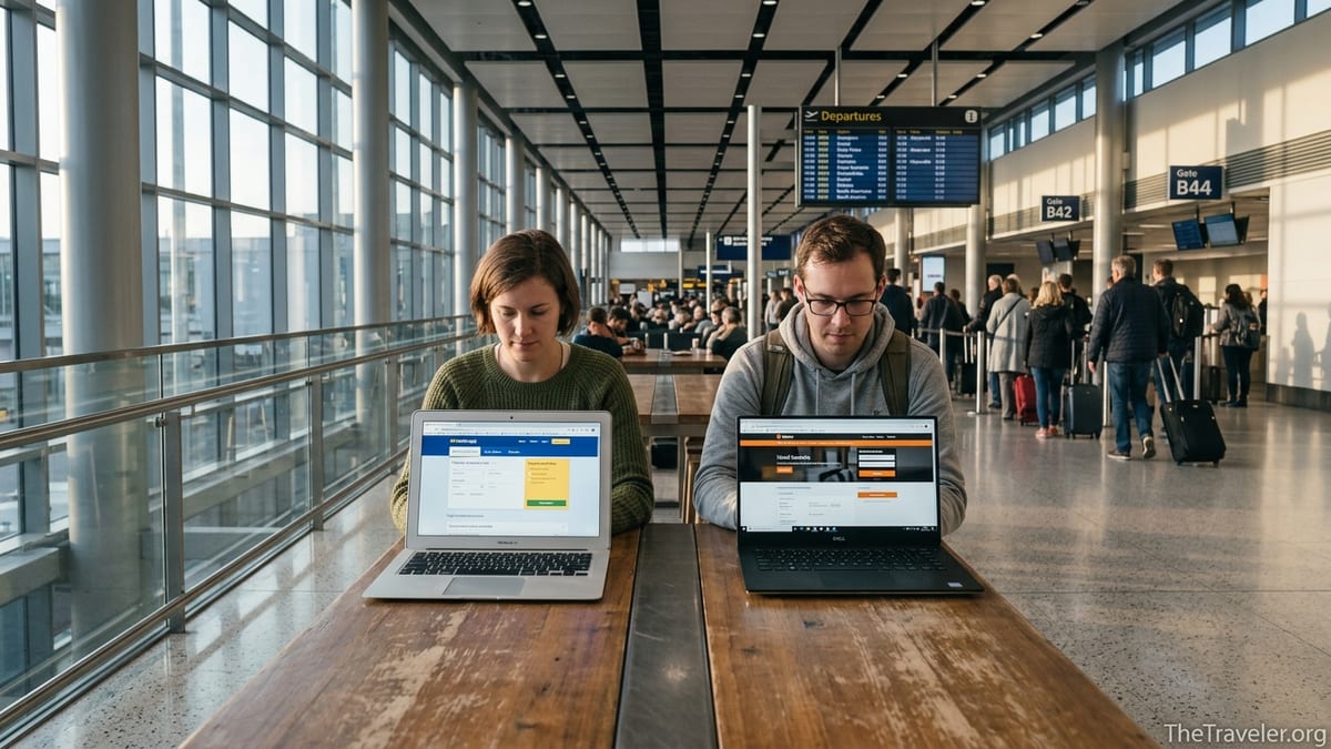 Two travelers compare online booking sites on laptops in a bright airport terminal.