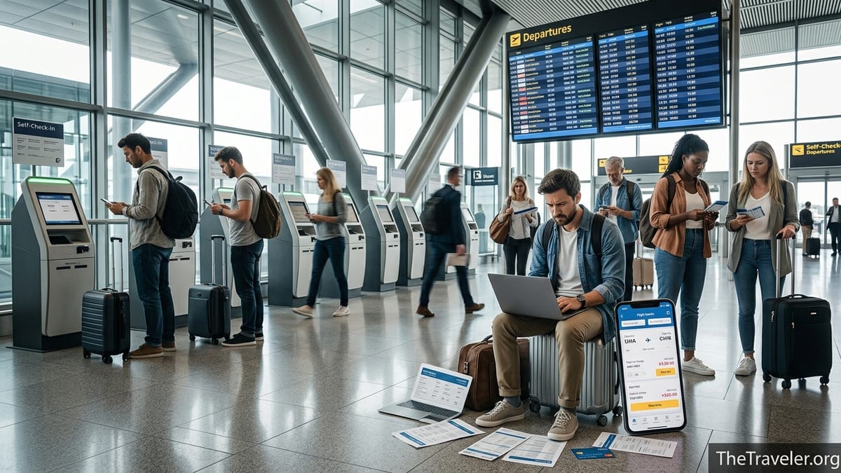 Travelers in a busy airport terminal comparing online bookings and looking confused by prices.