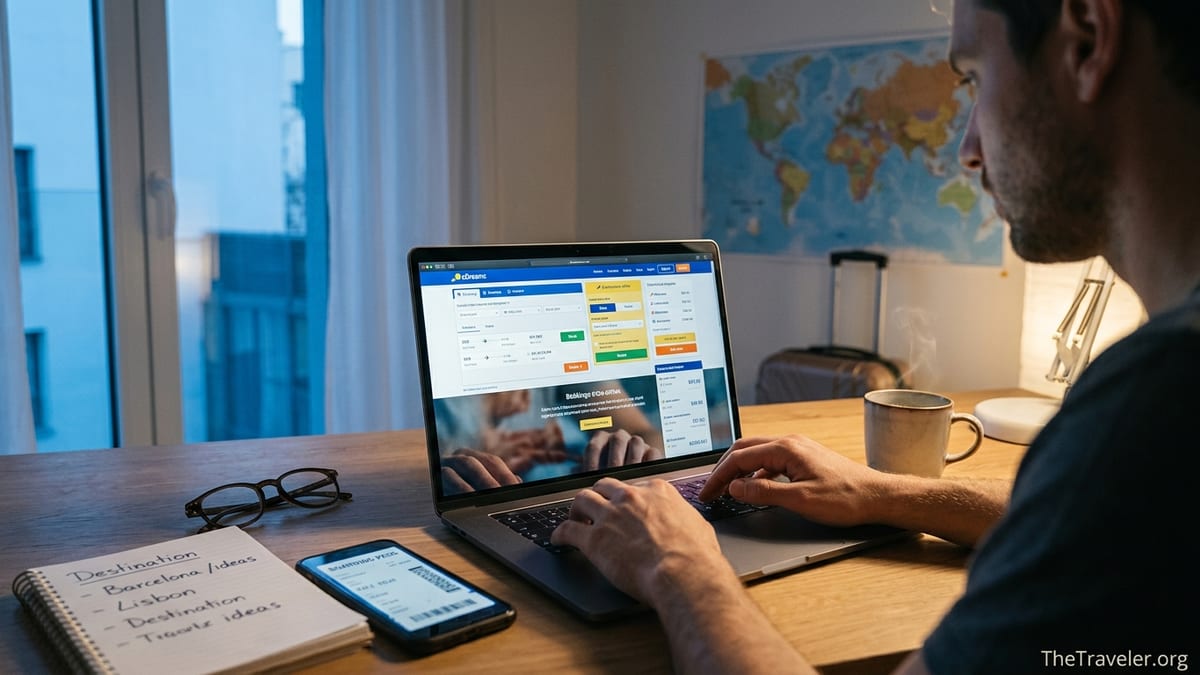 Traveler comparing eDreams and rival online travel deals on a laptop at a home desk.