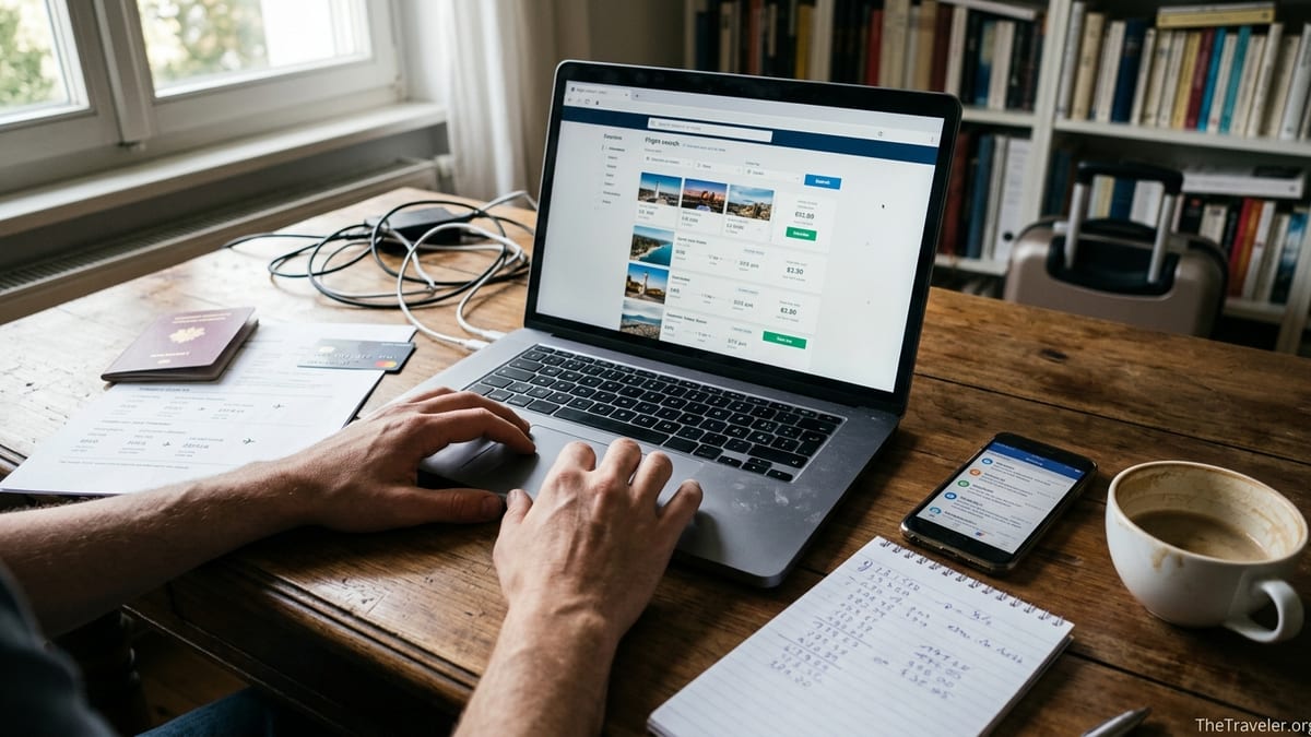 Traveler comparing online flight prices on a laptop with passport and credit card on a desk.