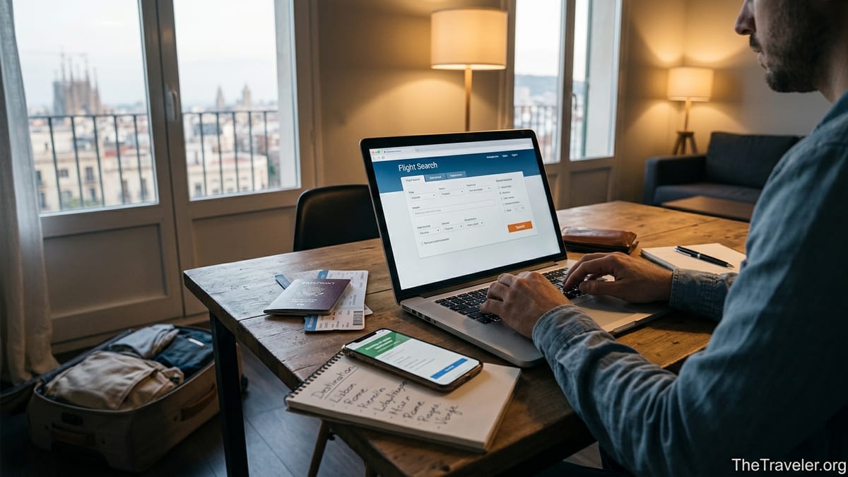 Traveler booking European flights online from a Barcelona apartment at dusk.