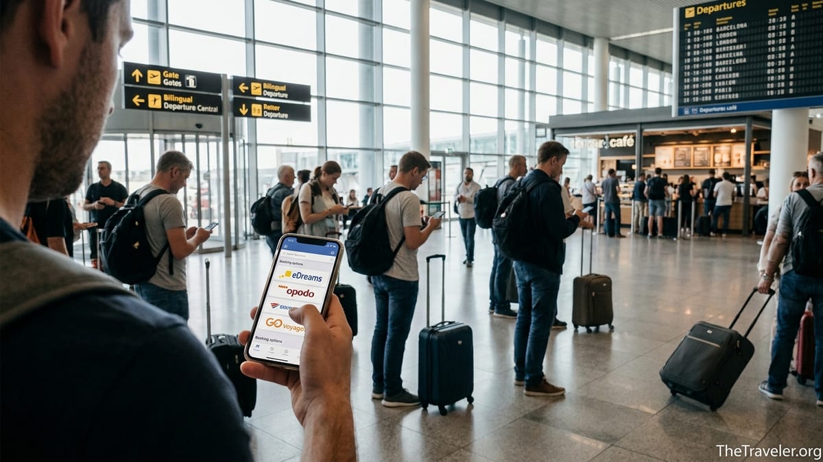 Traveler in a busy European airport checking flight deals from eDreams brands on a smartphone.
