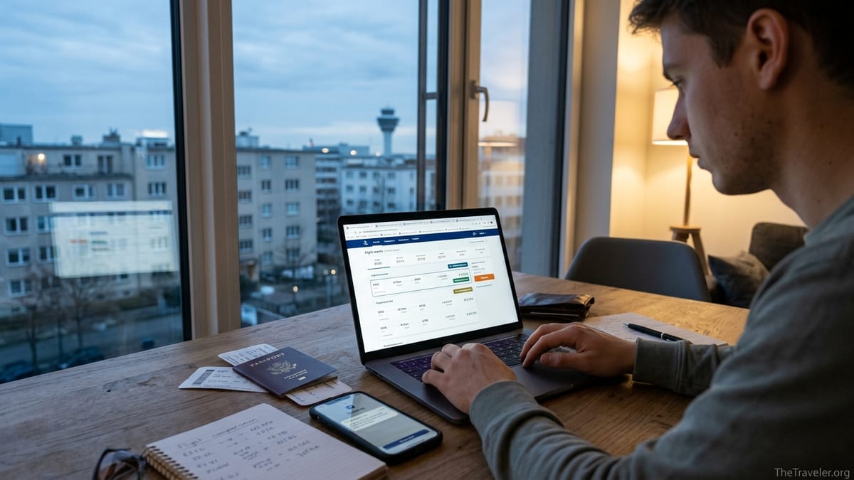 Traveler comparing online flight deals and subscriptions on a laptop at dusk.