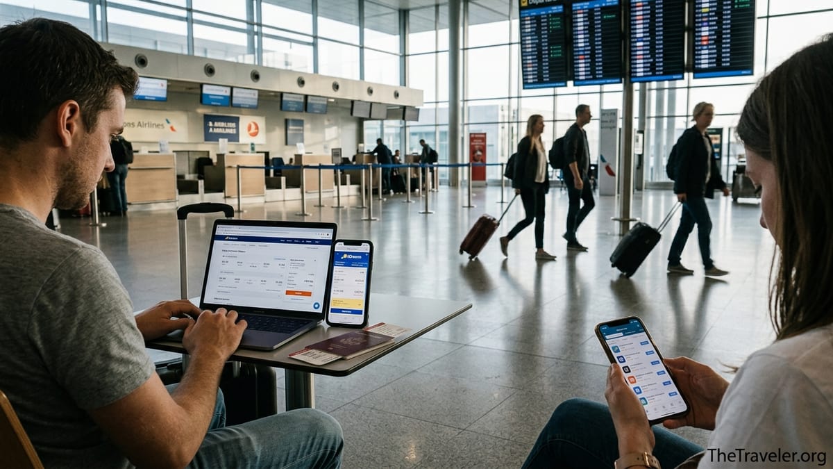Traveler in airport comparing airline and online agency prices on laptop and phone.