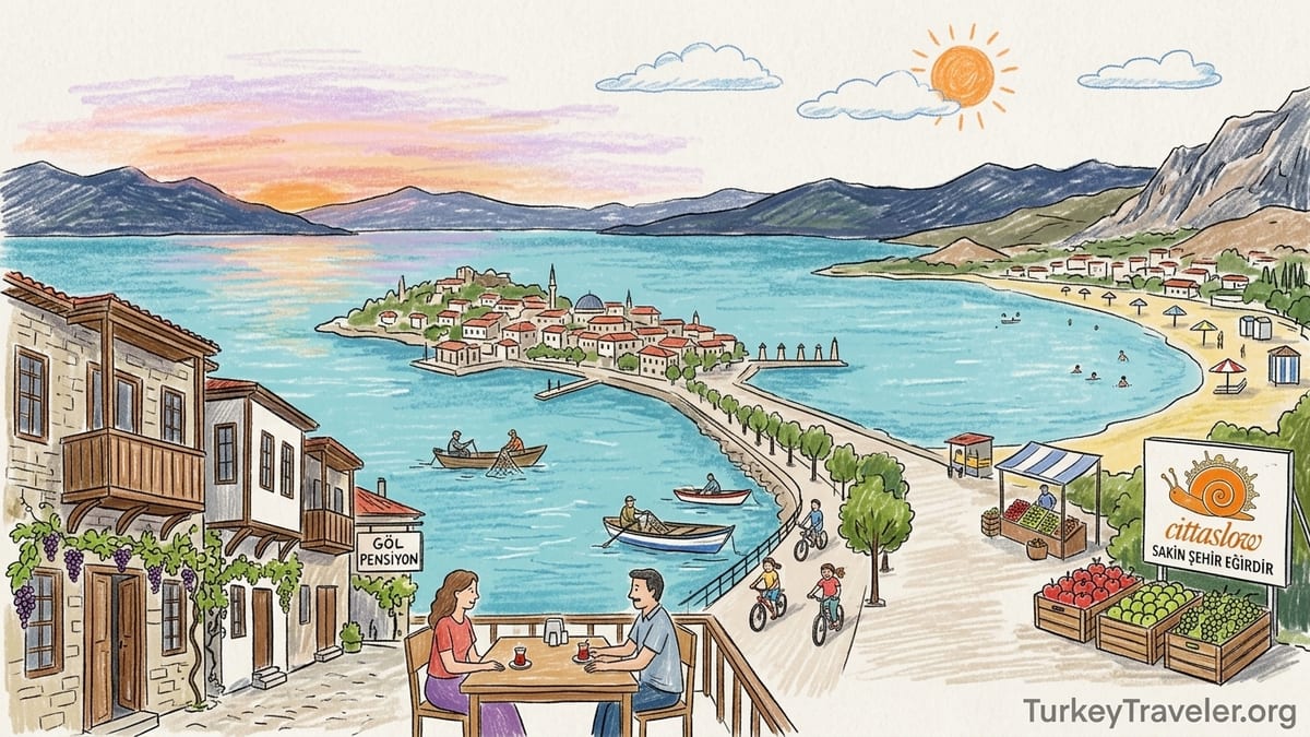 Sunrise over Lake Eğirdir seen from Yeşil Ada with fishing boats and stone houses.