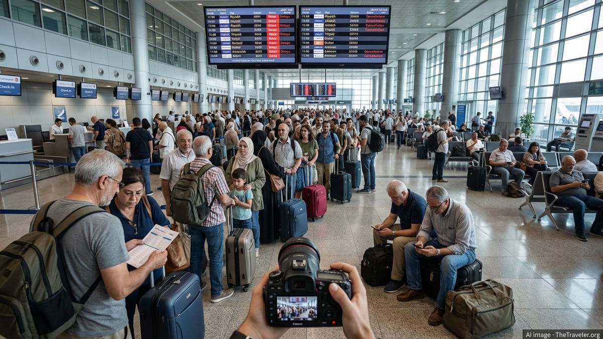 Crowded departure hall at Cairo airport with passengers facing delays to Riyadh, Jeddah, and Tripoli.