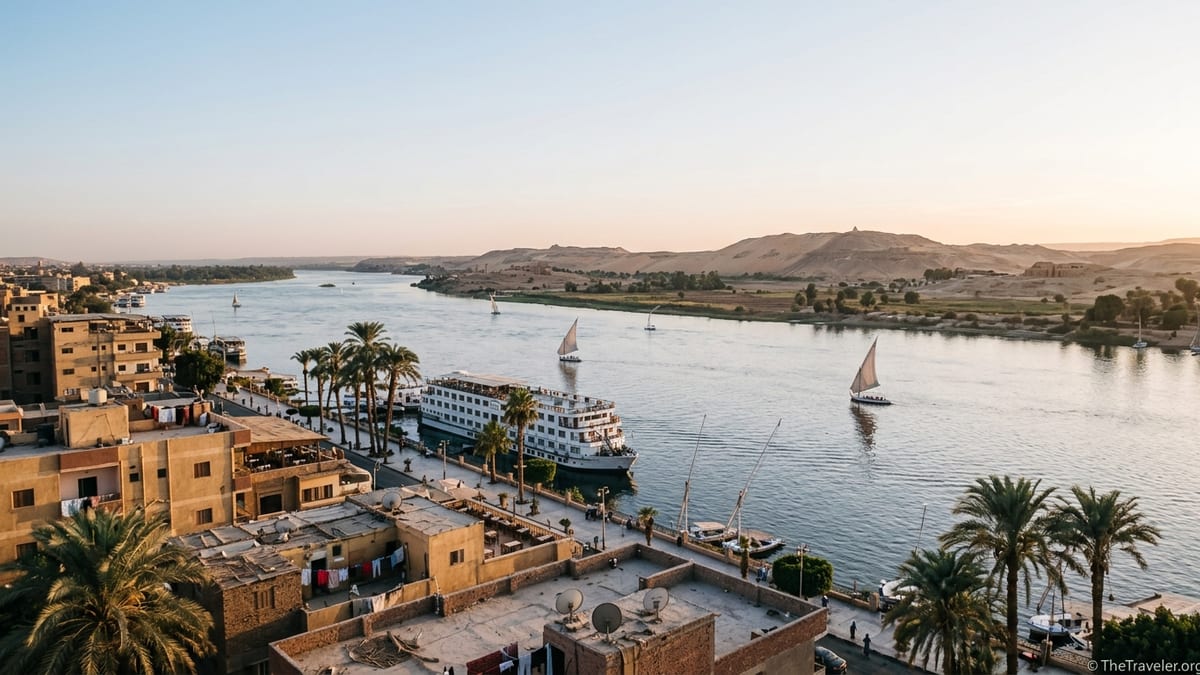 Nile cruise ship on the river at Luxor at sunset with hills and feluccas.