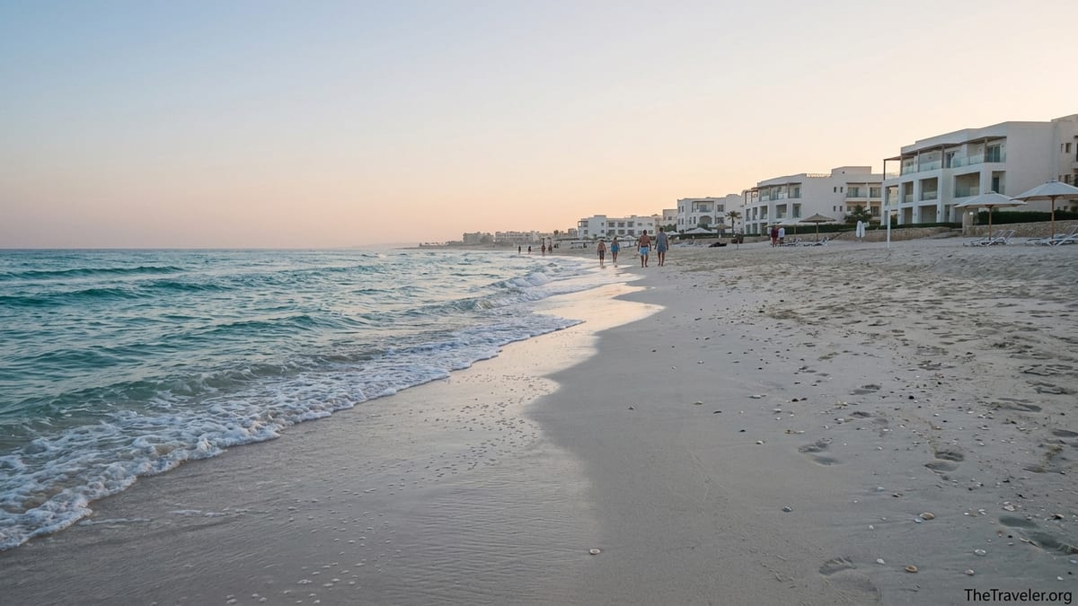Turquoise waves and pale sand in front of low-rise resorts on Egypt’s Mediterranean coast at sunrise