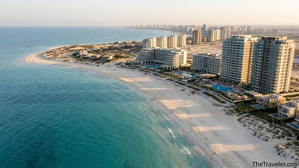 Aerial view of Egypt’s Mediterranean coast with white sand beaches and modern resorts at sunset.
