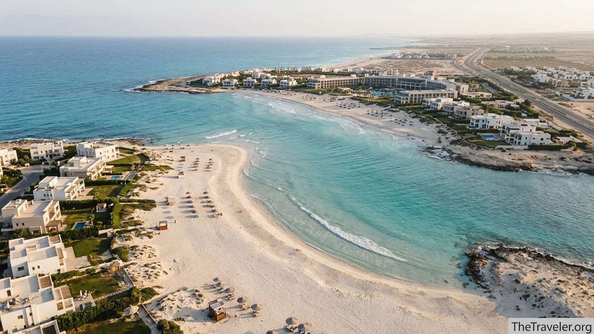 Aerial view of Egypt’s North Coast with white sand beach, turquoise water and modern resorts.