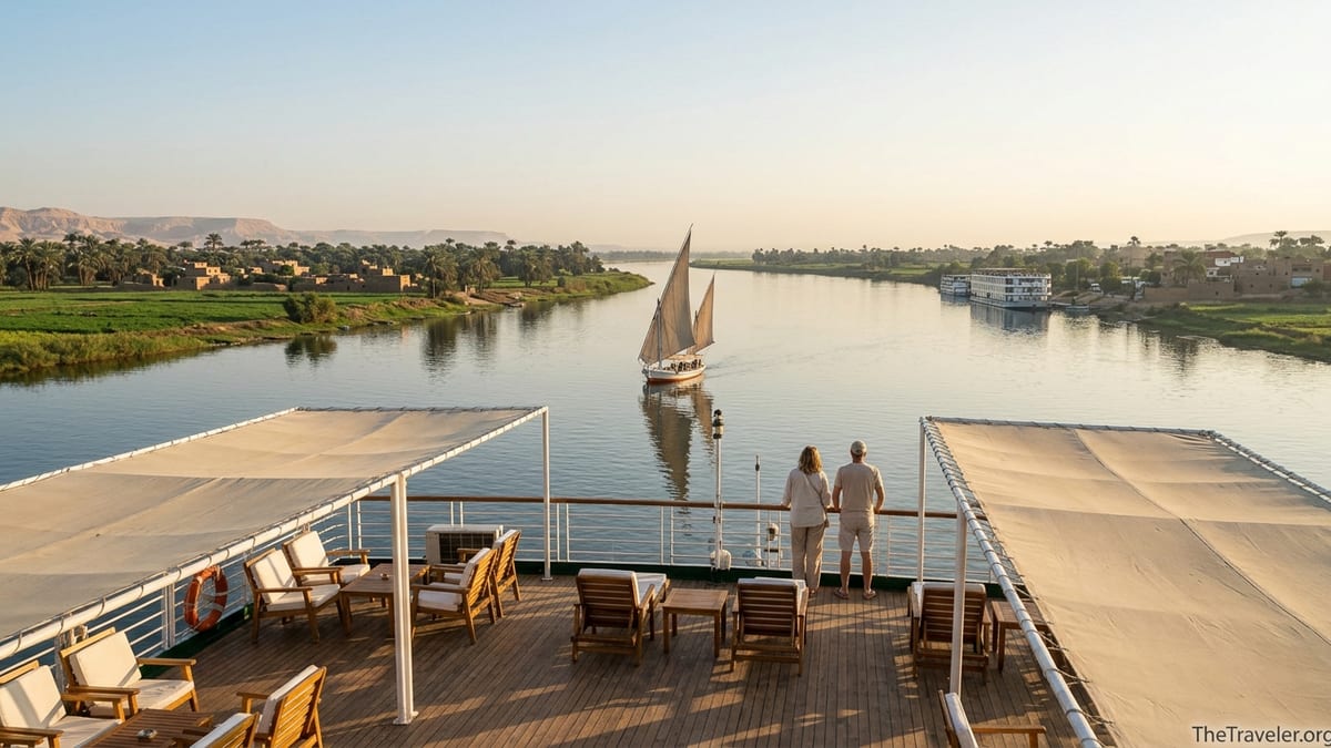 Sunrise view from a Nile cruise deck with dahabeya and palm-lined banks between Luxor and Aswan.