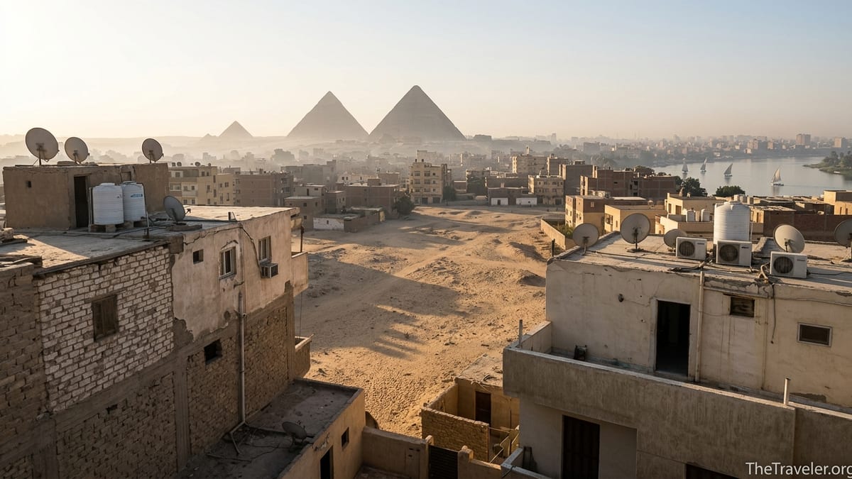 Rooftop sunrise view over Giza rooftops toward the Pyramids and hazy Cairo skyline.