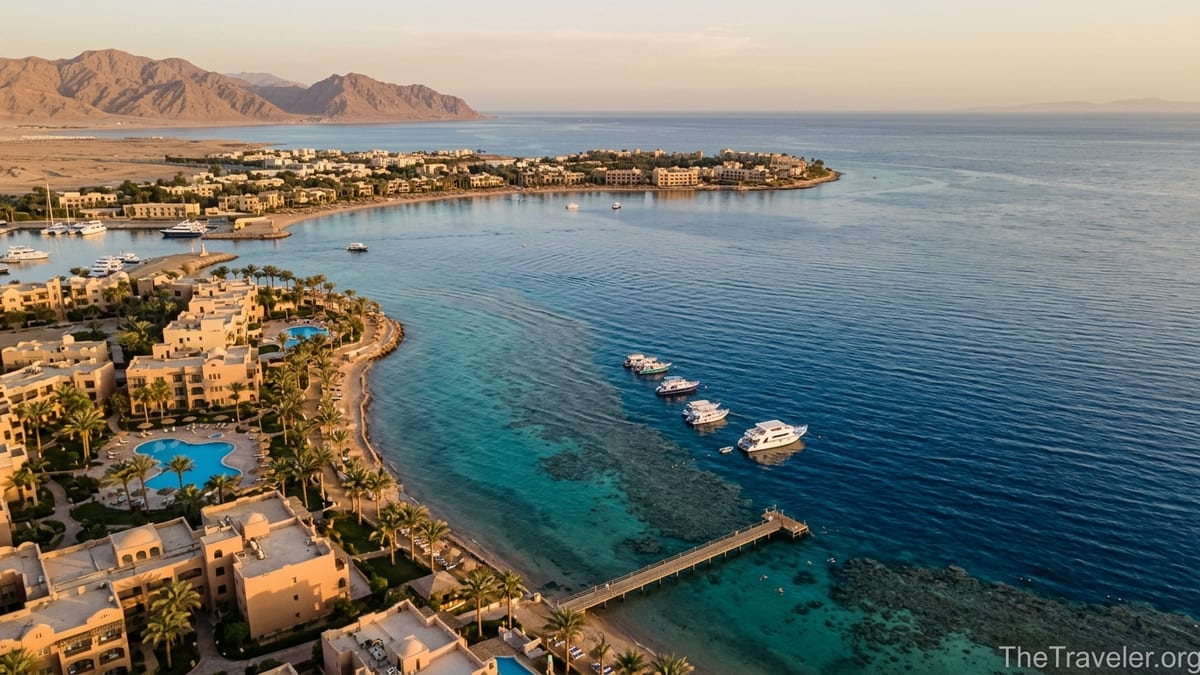 Aerial view of Egypt’s Red Sea coast with sandy bay, coral reef and beachfront resorts at golden hour.