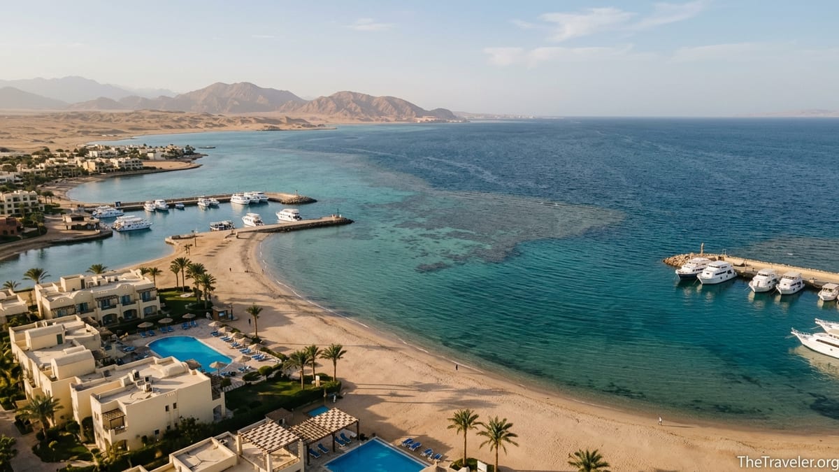 Aerial view of Egyptian Red Sea resort with lagoons, sandy beach and coral rich turquoise water.