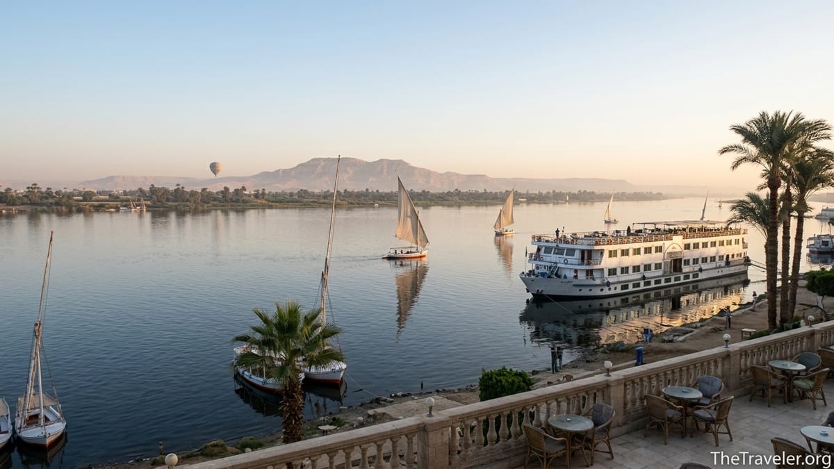 Nile cruise ship and feluccas on the river at sunrise in Luxor, Egypt