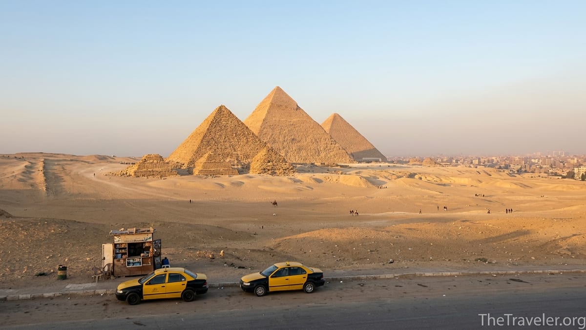 View of the Pyramids of Giza at golden hour with Cairo skyline in the distance.
