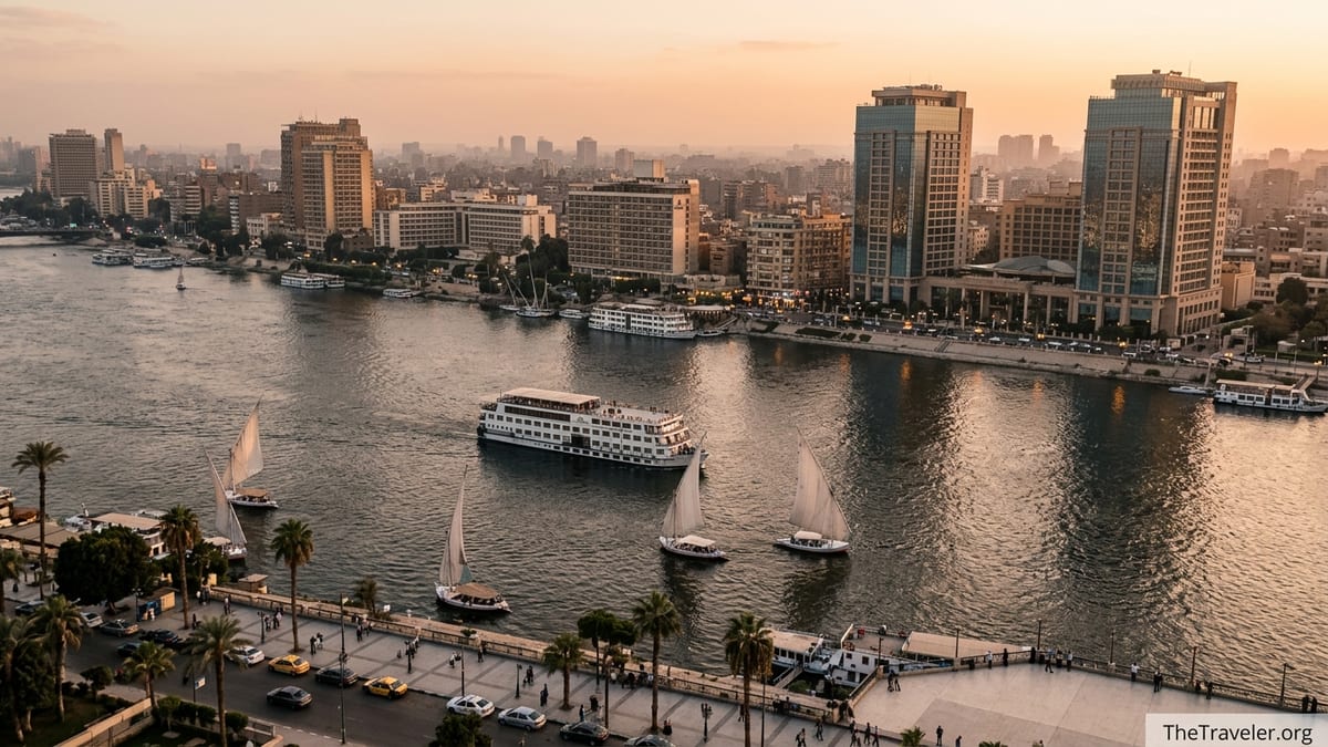 View over the Nile in Cairo with cruise ship, feluccas and riverside hotels at sunset.