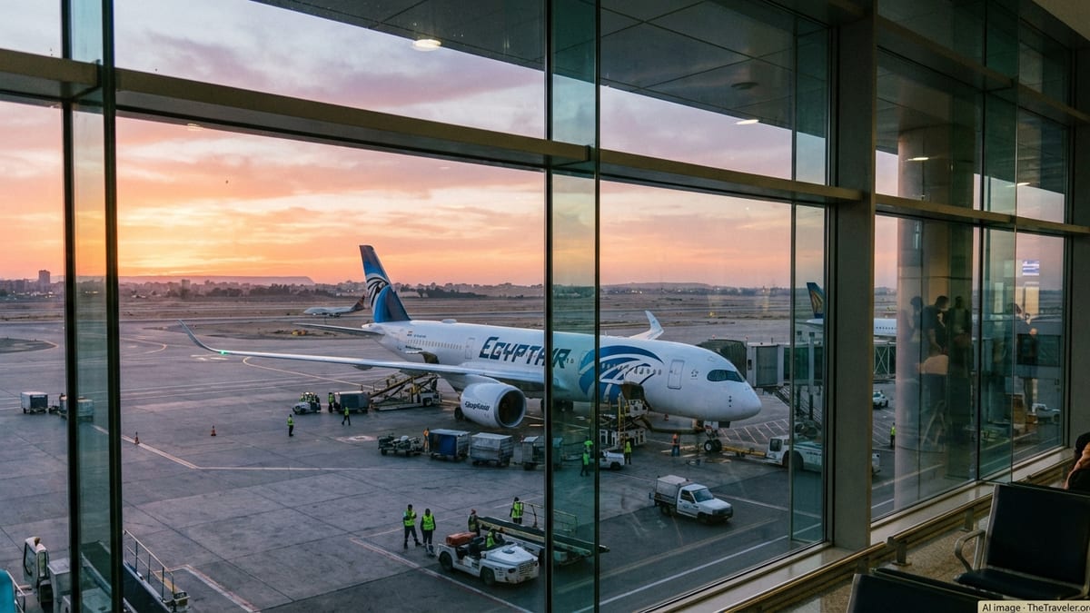 EgyptAir Airbus A350 at Cairo airport gate at sunset with ground crew working.