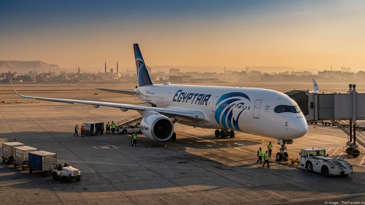 EgyptAir Airbus A350-900 at Cairo airport gate at sunset with ground crew preparing the aircraft.