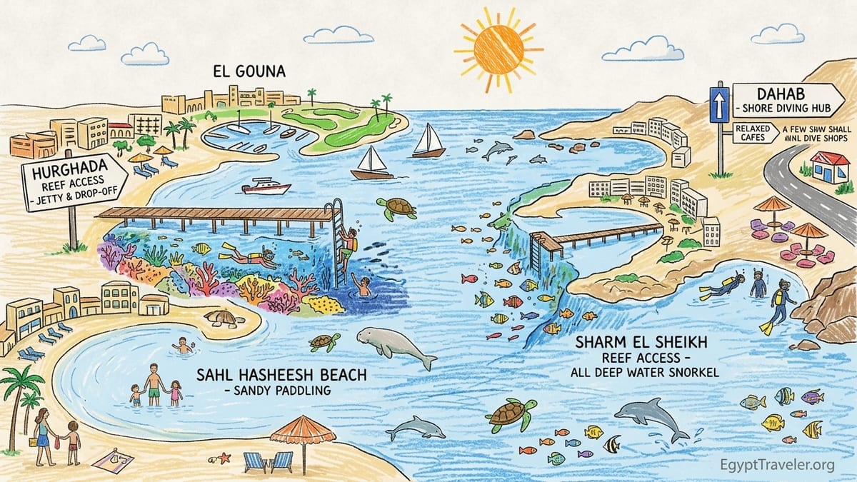 Aerial view of Egypt Red Sea resorts with sandy bays, reefs and desert mountains at sunset.