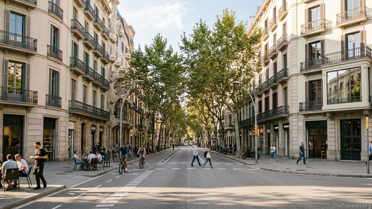 Wide avenue in Barcelona’s Eixample with grid streets, balconies and corner cafes at sunset.