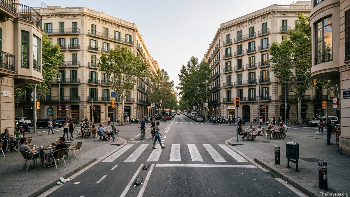 Street-level view of a chamfered-corner intersection in Barcelona’s Eixample with cafés, trees, and classic apartment blocks.