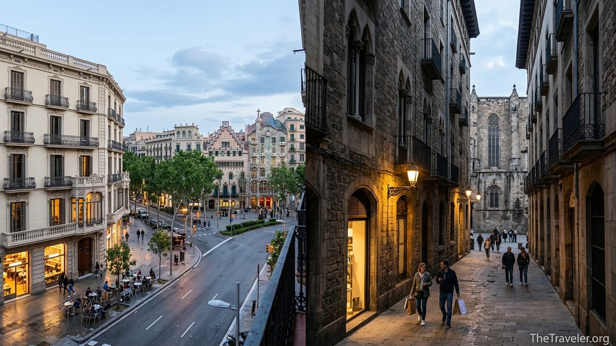 Evening street view contrasting Barcelona’s wide Eixample avenue with a narrow Gothic Quarter lane.