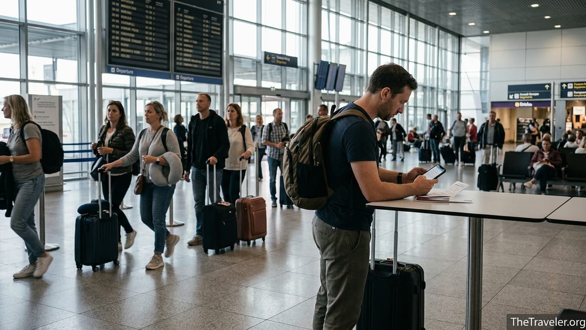Traveler at an airport terminal reviewing travel insurance on a smartphone before an international flight.