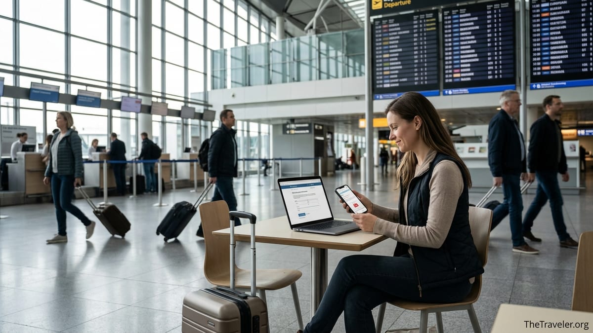 Traveler in an airport checking EKTA travel insurance confirmation on a laptop and phone.
