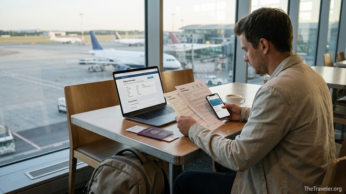 Traveler reviewing printed travel insurance documents in an airport lounge before a flight.