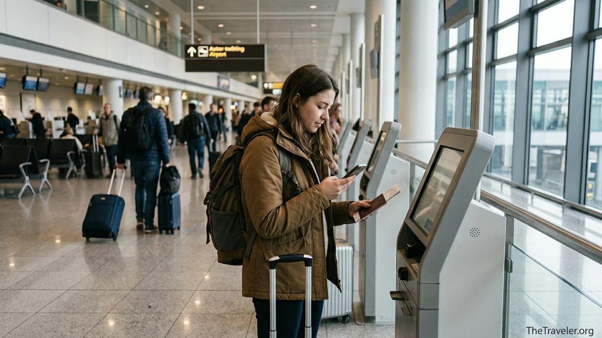 Traveler at airport kiosk reviewing travel insurance on smartphone before international flight