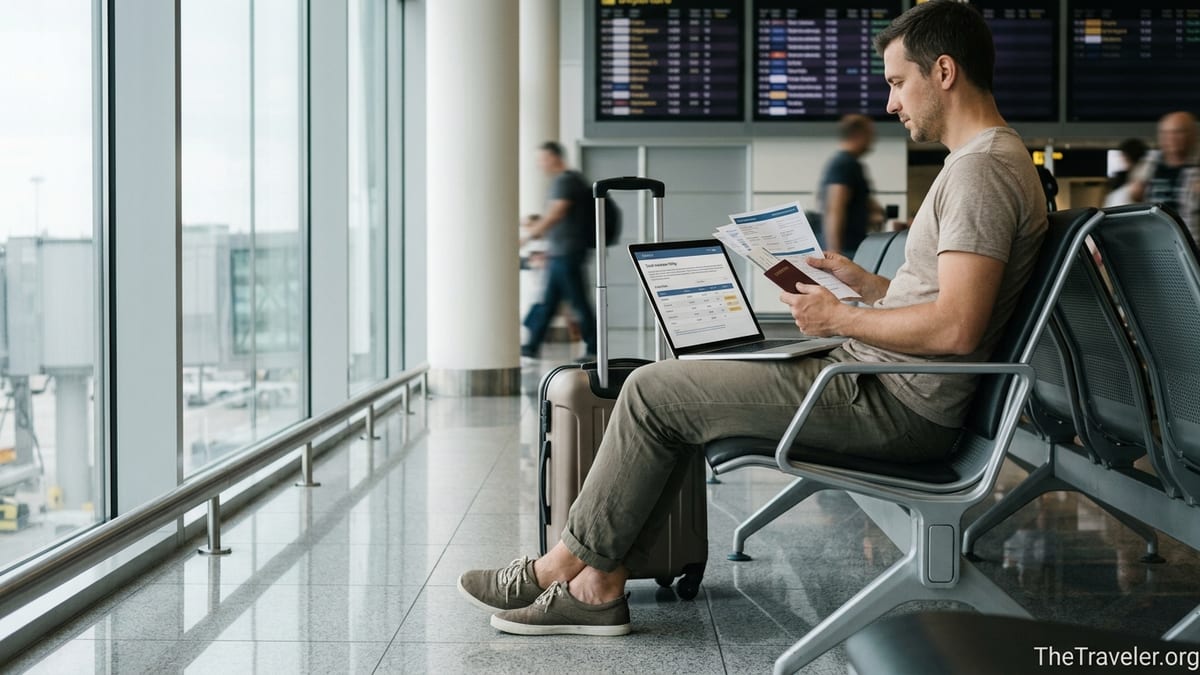 Traveler in an airport comparing travel insurance documents on a laptop before a flight.