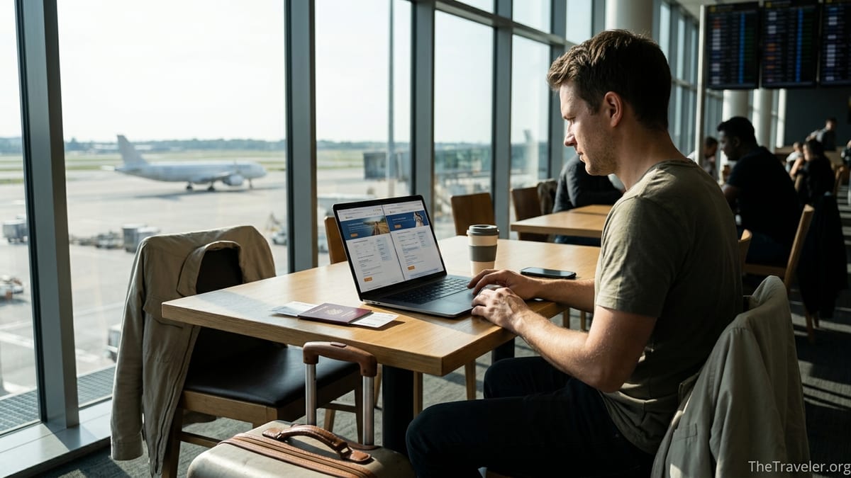 Traveler comparing travel insurance options on a laptop in an airport lounge.