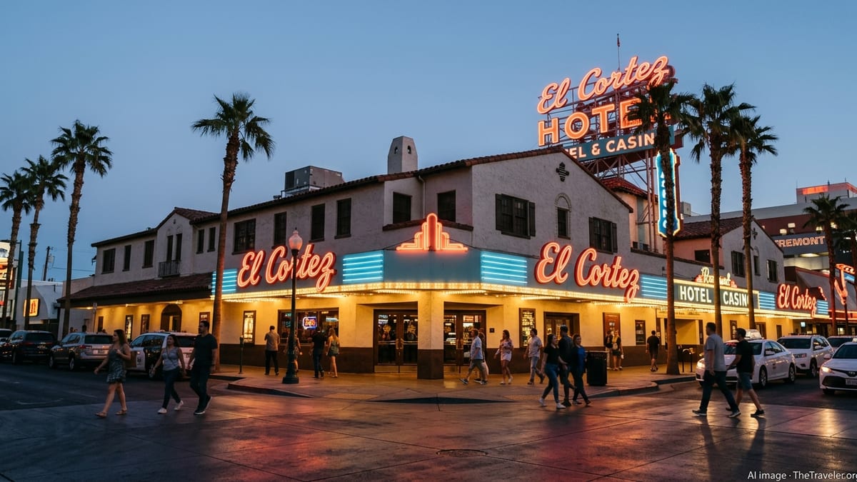 Evening street view of El Cortez Hotel & Casino neon facade in downtown Las Vegas.