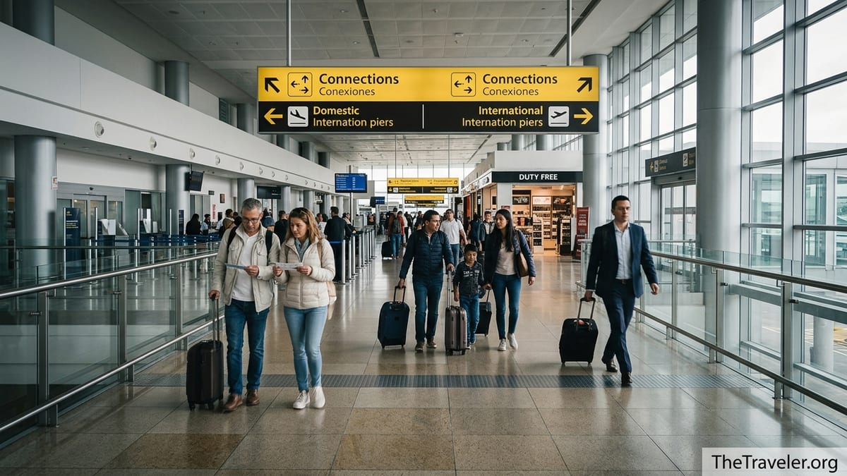 Travelers follow yellow connection signs inside Bogotá El Dorado Airport Terminal 1.