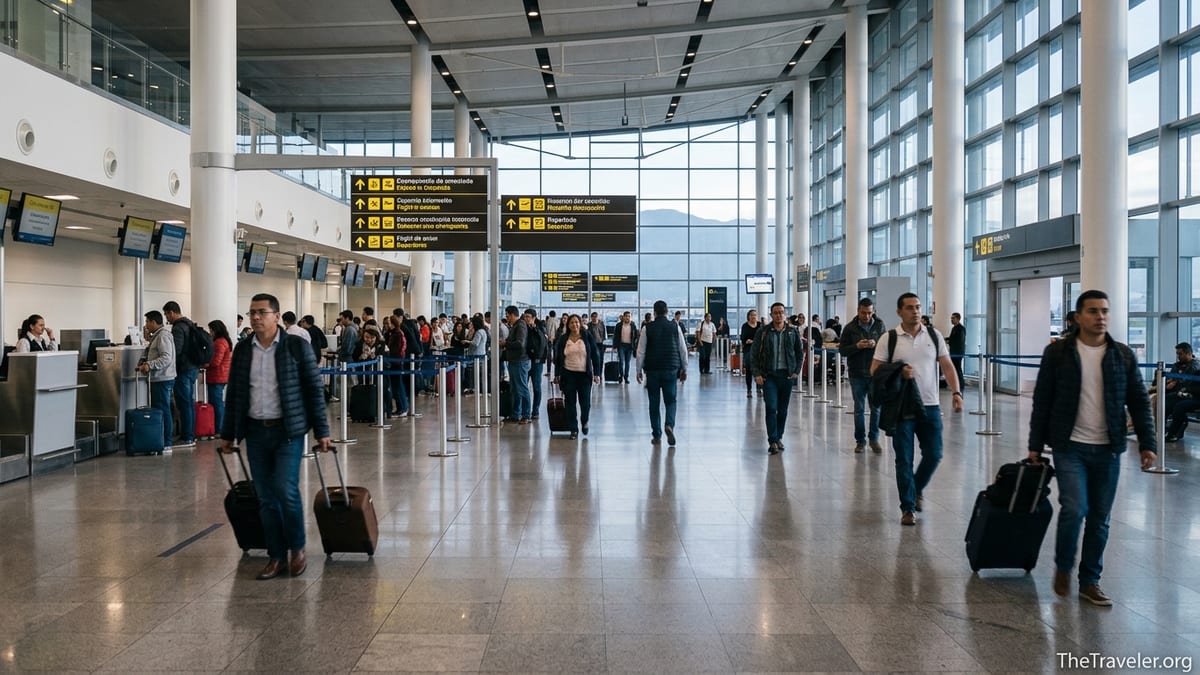 Travelers walking through Bogotá El Dorado Airport Terminal 1 departures hall in the early morning light.