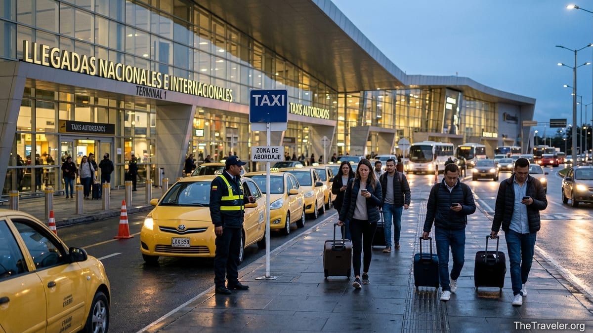 Arriving passengers at Bogotá El Dorado Airport choosing official yellow taxis at the curb