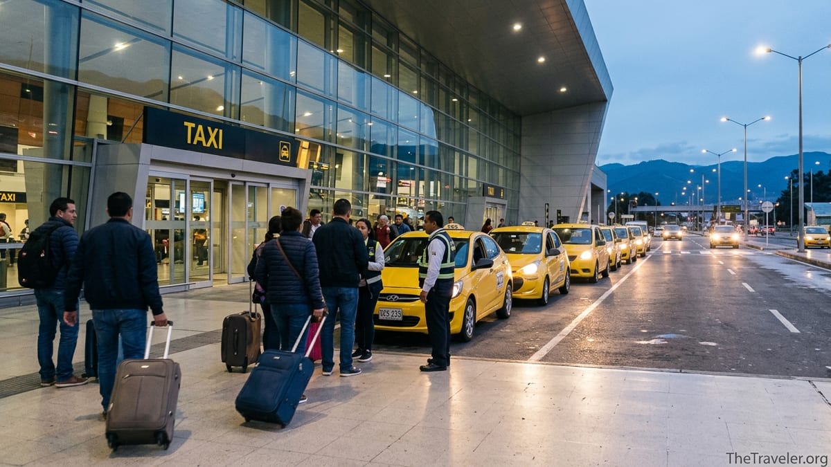 Authorized yellow taxis lined up outside Bogotá El Dorado Airport at dusk with travelers queuing.