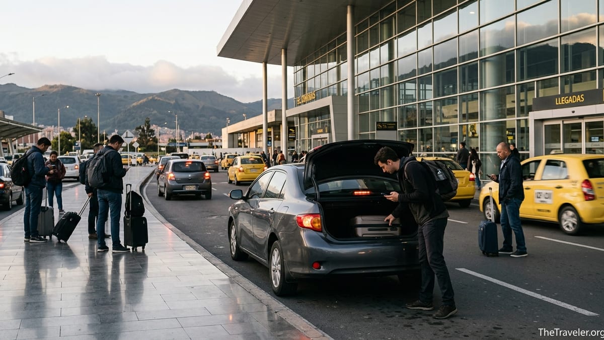 Travelers using a rideshare pickup outside El Dorado Airport Terminal 1 in Bogotá at sunset.