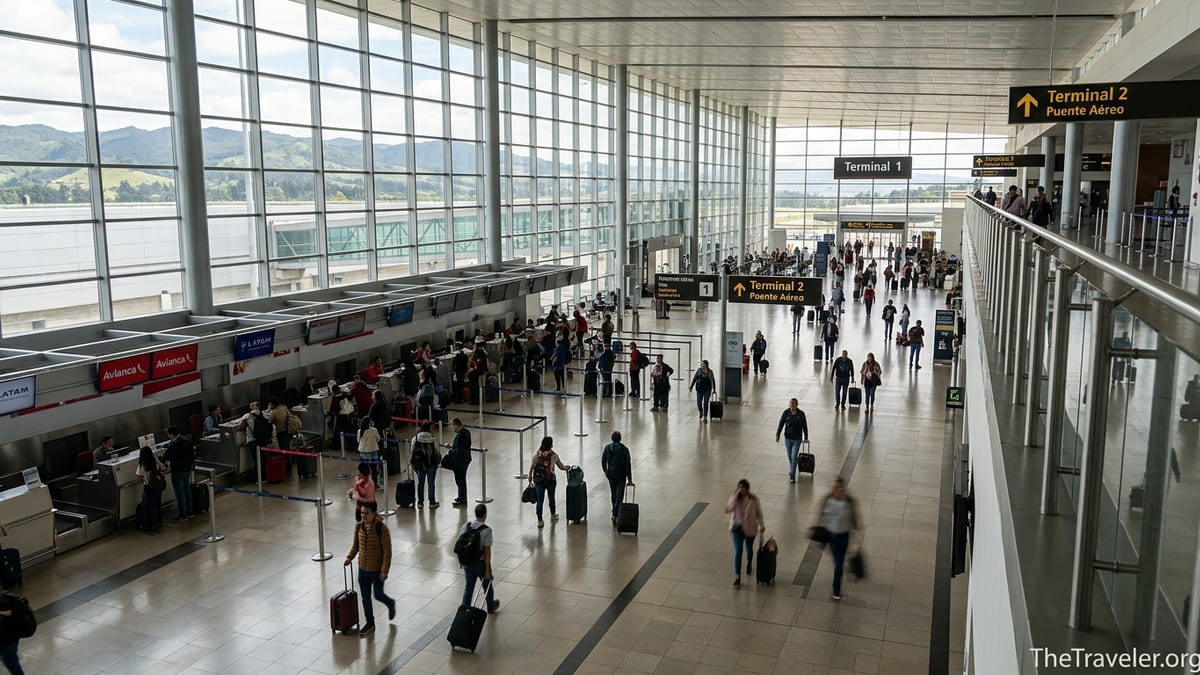 Busy departures hall at Bogota El Dorado Terminal 1 with signs toward Terminal 2 Puente Aéreo.