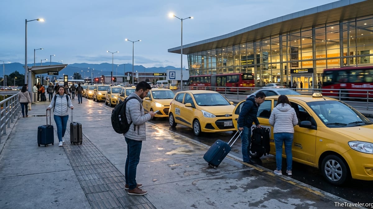 Travelers choosing between taxis and rideshares outside Bogotá’s El Dorado Airport at dusk.