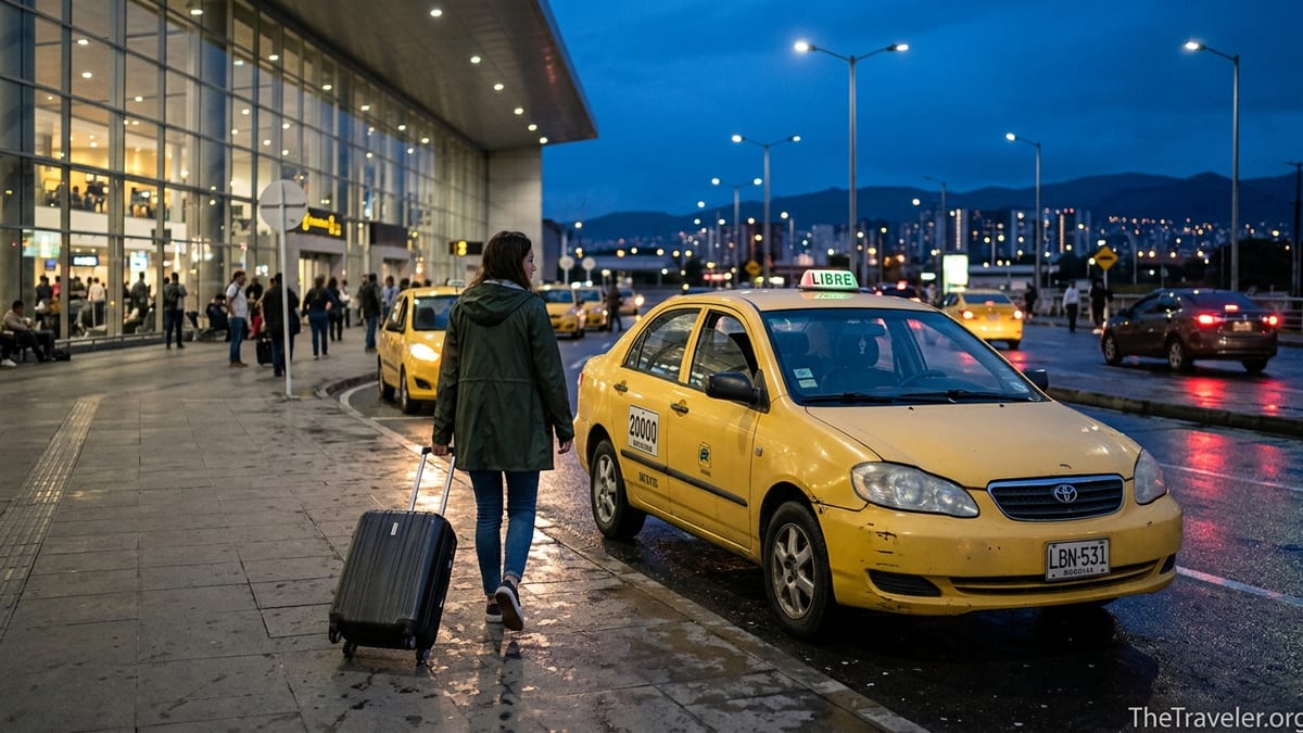 Traveler with suitcase approaching a yellow taxi outside Bogotá El Dorado Airport at dusk