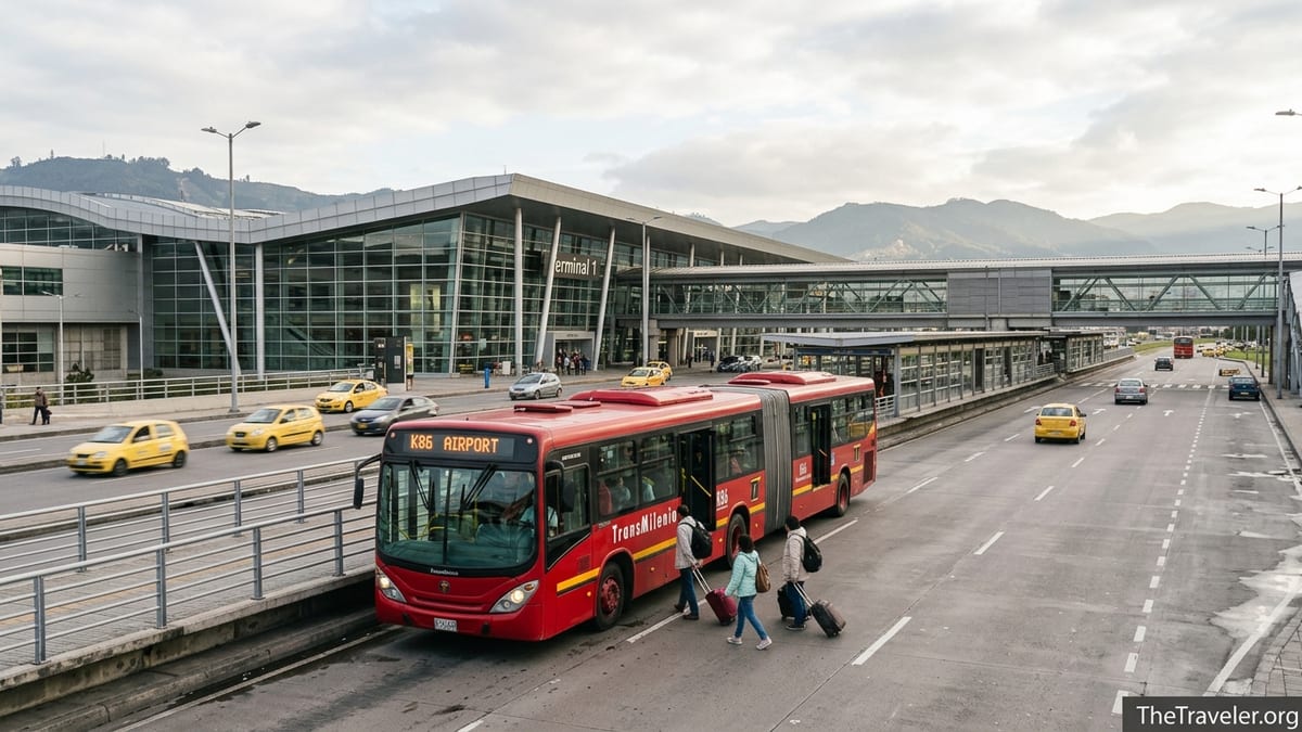 Travelers with luggage boarding a red TransMilenio bus outside El Dorado Airport in Bogotá.