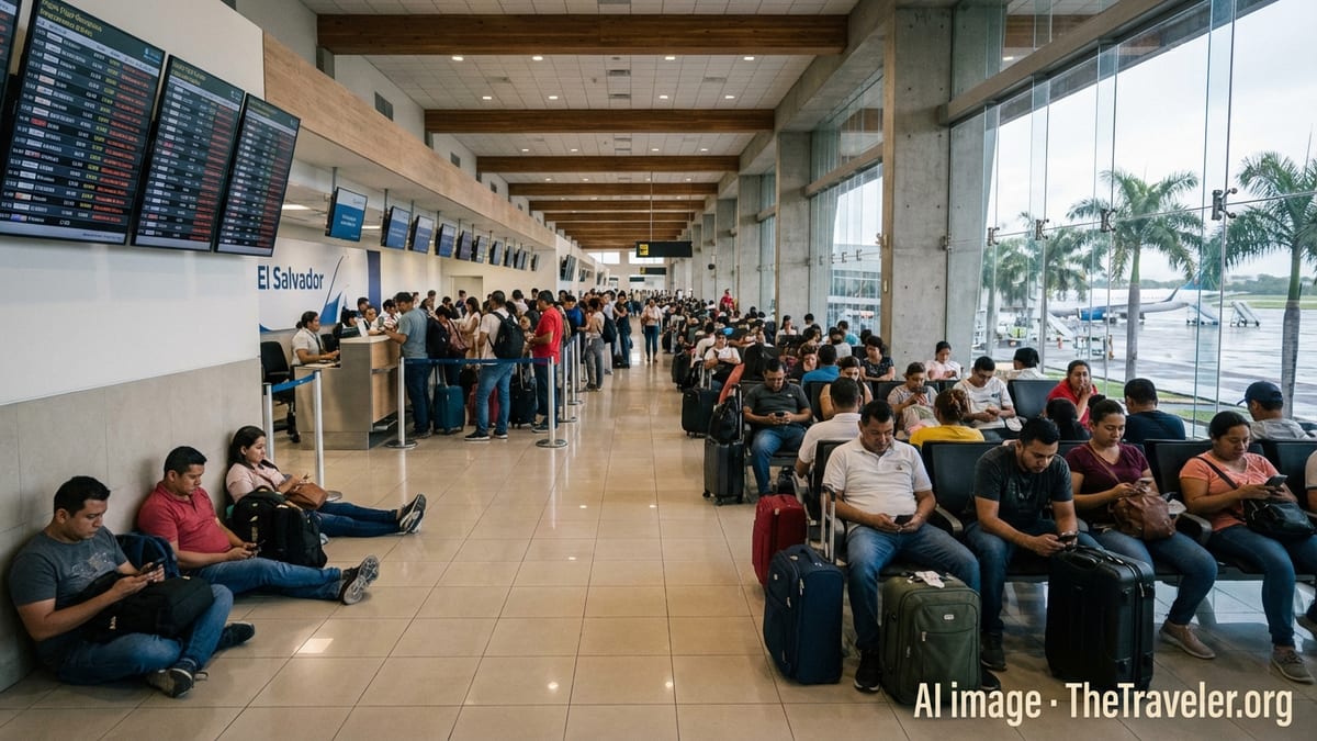 Stranded passengers waiting in El Salvador International Airport amid flight cancellations.